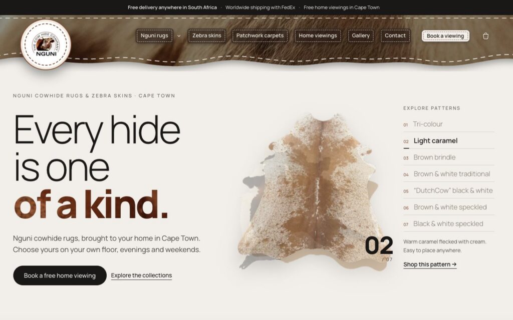 Nguni Cowskins website homepage